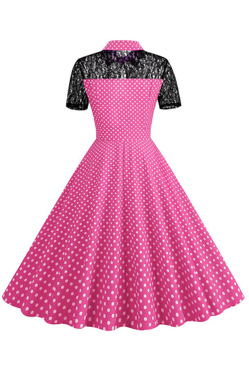 Polka Dots Różowy Piotruś Pan Vintage Sukienka z koronką